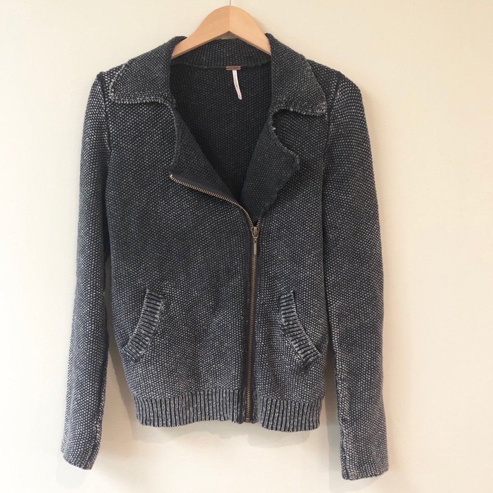 Free People Navy Heather Knit Zip-Front Sweater Jacket